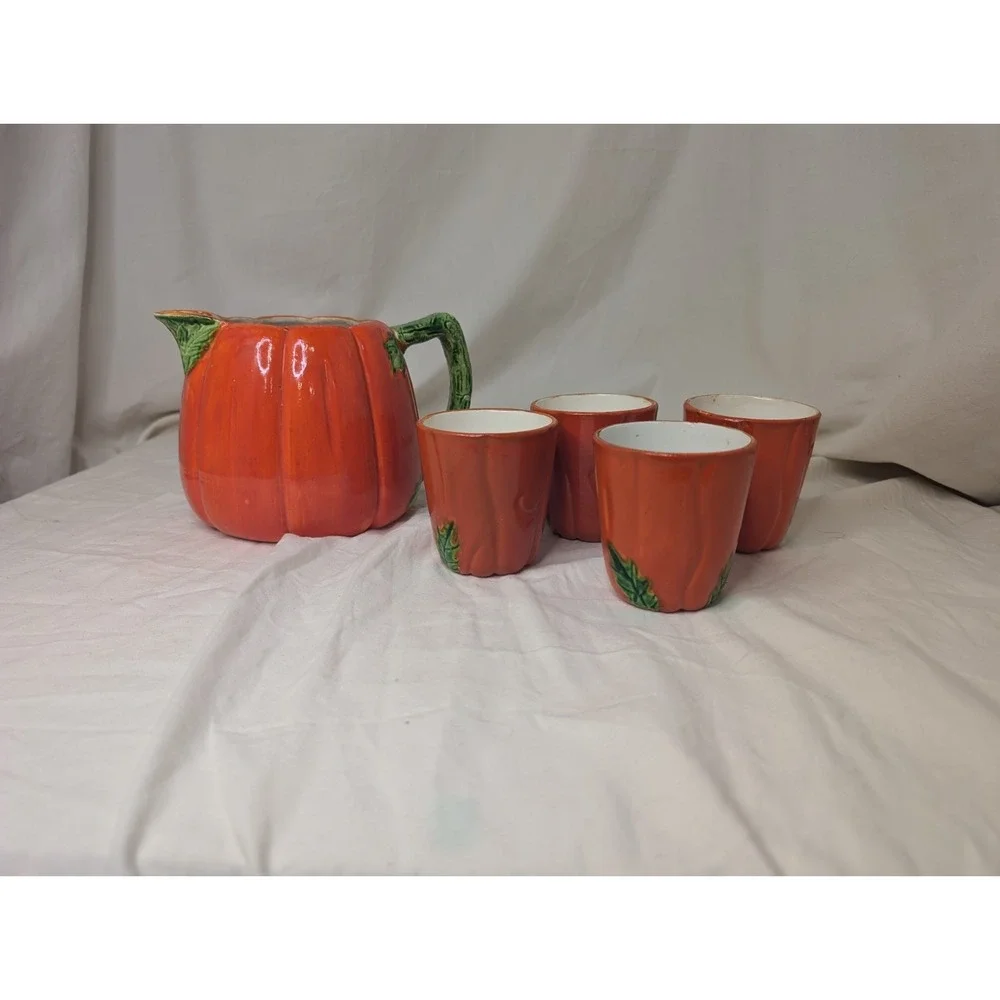 Trompe l'Oeil Hollywood Regency Tomato Pitcher And 4‎ Cups 1940s Boho Chic